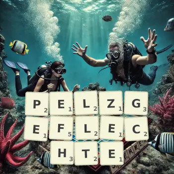 Kreative Illustration für ein Scrabble-Spiel, bei dem das Wort PELZGEFLECHTE mit Steinen auf dem Brett gelegt wurde.