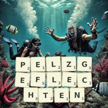 Kreative Illustration für ein Scrabble-Spiel, bei dem das Wort PELZGEFLECHTEN mit Steinen auf dem Brett gelegt wurde.
