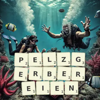 Kreative Illustration für ein Scrabble-Spiel, bei dem das Wort PELZGERBEREIEN mit Steinen auf dem Brett gelegt wurde.
