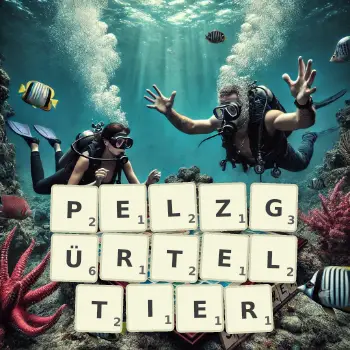 Kreative Illustration für ein Scrabble-Spiel, bei dem das Wort PELZGÜRTELTIER mit Steinen auf dem Brett gelegt wurde.