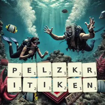 Kreative Illustration für ein Scrabble-Spiel, bei dem das Wort PELZKRITIKEN mit Steinen auf dem Brett gelegt wurde.