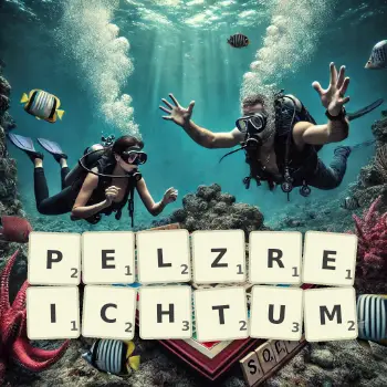 Kreative Illustration für ein Scrabble-Spiel, bei dem das Wort PELZREICHTUM mit Steinen auf dem Brett gelegt wurde.