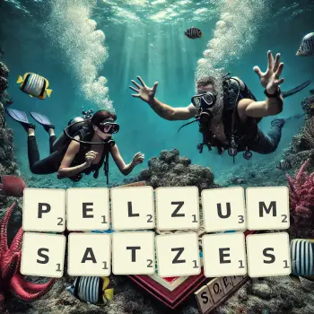 Kreative Illustration für ein Scrabble-Spiel, bei dem das Wort PELZUMSATZES mit Steinen auf dem Brett gelegt wurde.