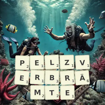 Kreative Illustration für ein Scrabble-Spiel, bei dem das Wort PELZVERBRÄMTE mit Steinen auf dem Brett gelegt wurde.