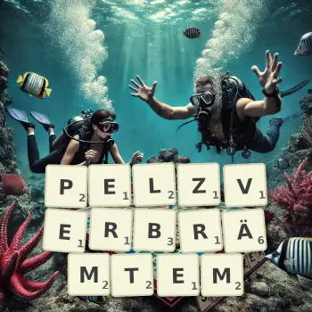 Kreative Illustration für ein Scrabble-Spiel, bei dem das Wort PELZVERBRÄMTEM mit Steinen auf dem Brett gelegt wurde.