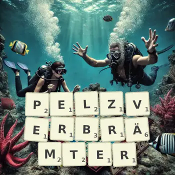 Kreative Illustration für ein Scrabble-Spiel, bei dem das Wort PELZVERBRÄMTER mit Steinen auf dem Brett gelegt wurde.