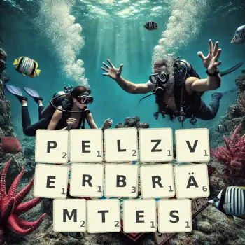 Kreative Illustration für ein Scrabble-Spiel, bei dem das Wort PELZVERBRÄMTES mit Steinen auf dem Brett gelegt wurde.