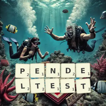 Kreative Illustration für ein Scrabble-Spiel, bei dem das Wort PENDELTEST mit Steinen auf dem Brett gelegt wurde.
