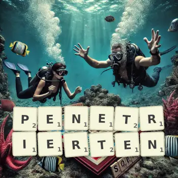 Kreative Illustration für ein Scrabble-Spiel, bei dem das Wort PENETRIERTEN mit Steinen auf dem Brett gelegt wurde.