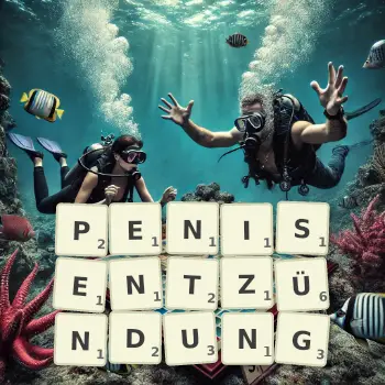 Kreative Illustration für ein Scrabble-Spiel, bei dem das Wort PENISENTZÜNDUNG mit Steinen auf dem Brett gelegt wurde.