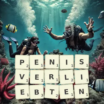 Kreative Illustration für ein Scrabble-Spiel, bei dem das Wort PENISVERLIEBTEN mit Steinen auf dem Brett gelegt wurde.