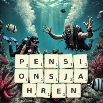 Kreative Illustration für ein Scrabble-Spiel, bei dem das Wort PENSIONSJAHREN mit Steinen auf dem Brett gelegt wurde.