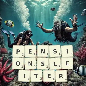 Kreative Illustration für ein Scrabble-Spiel, bei dem das Wort PENSIONSLEITER mit Steinen auf dem Brett gelegt wurde.