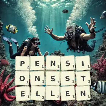 Kreative Illustration für ein Scrabble-Spiel, bei dem das Wort PENSIONSSTELLEN mit Steinen auf dem Brett gelegt wurde.