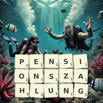 Kreative Illustration für ein Scrabble-Spiel, bei dem das Wort PENSIONSZAHLUNG mit Steinen auf dem Brett gelegt wurde.
