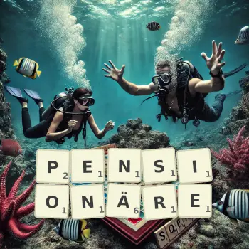 Kreative Illustration für ein Scrabble-Spiel, bei dem das Wort PENSIONÄRE mit Steinen auf dem Brett gelegt wurde.