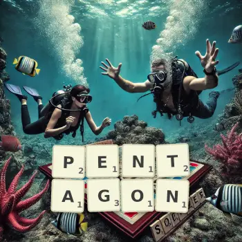 Kreative Illustration für ein Scrabble-Spiel, bei dem das Wort PENTAGON mit Steinen auf dem Brett gelegt wurde.