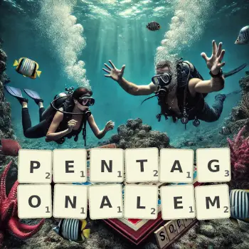 Kreative Illustration für ein Scrabble-Spiel, bei dem das Wort PENTAGONALEM mit Steinen auf dem Brett gelegt wurde.