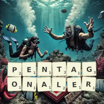 Kreative Illustration für ein Scrabble-Spiel, bei dem das Wort PENTAGONALER mit Steinen auf dem Brett gelegt wurde.