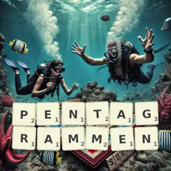 Kreative Illustration für ein Scrabble-Spiel, bei dem das Wort PENTAGRAMMEN mit Steinen auf dem Brett gelegt wurde.