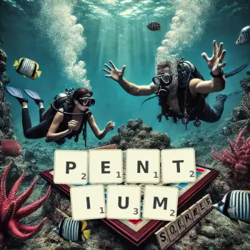 Kreative Illustration für ein Scrabble-Spiel, bei dem das Wort PENTIUM mit Steinen auf dem Brett gelegt wurde.