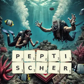 Kreative Illustration für ein Scrabble-Spiel, bei dem das Wort PEPTISCHER mit Steinen auf dem Brett gelegt wurde.