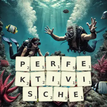 Kreative Illustration für ein Scrabble-Spiel, bei dem das Wort PERFEKTIVISCHE mit Steinen auf dem Brett gelegt wurde.
