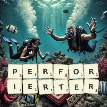 Kreative Illustration für ein Scrabble-Spiel, bei dem das Wort PERFORIERTER mit Steinen auf dem Brett gelegt wurde.