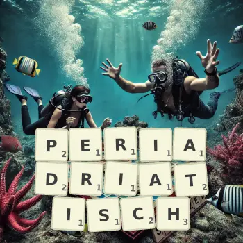 Kreative Illustration für ein Scrabble-Spiel, bei dem das Wort PERIADRIATISCH mit Steinen auf dem Brett gelegt wurde.