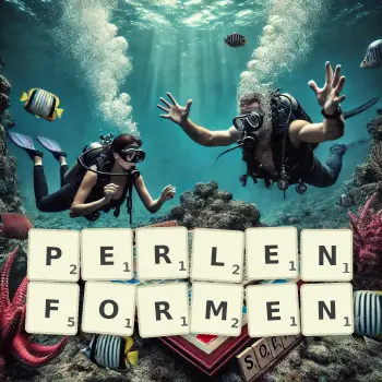 Kreative Illustration für ein Scrabble-Spiel, bei dem das Wort PERLENFORMEN mit Steinen auf dem Brett gelegt wurde.