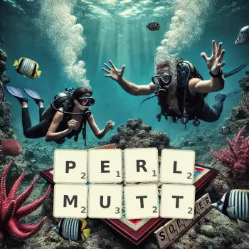 Kreative Illustration für ein Scrabble-Spiel, bei dem das Wort PERLMUTT mit Steinen auf dem Brett gelegt wurde.