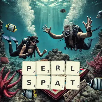 Kreative Illustration für ein Scrabble-Spiel, bei dem das Wort PERLSPAT mit Steinen auf dem Brett gelegt wurde.