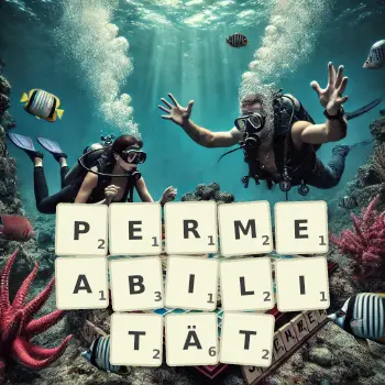 Kreative Illustration für ein Scrabble-Spiel, bei dem das Wort PERMEABILITÄT mit Steinen auf dem Brett gelegt wurde.