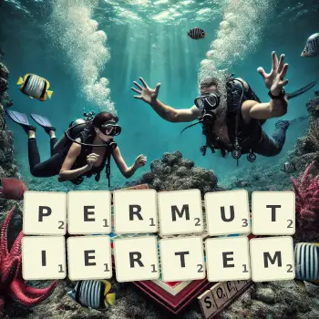 Kreative Illustration für ein Scrabble-Spiel, bei dem das Wort PERMUTIERTEM mit Steinen auf dem Brett gelegt wurde.