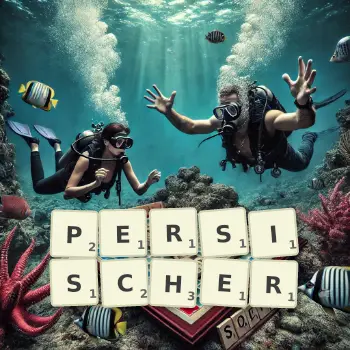Kreative Illustration für ein Scrabble-Spiel, bei dem das Wort PERSISCHER mit Steinen auf dem Brett gelegt wurde.