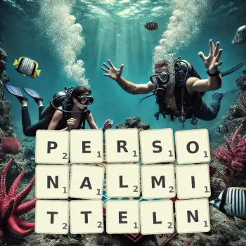 Kreative Illustration für ein Scrabble-Spiel, bei dem das Wort PERSONALMITTELN mit Steinen auf dem Brett gelegt wurde.