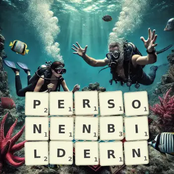 Kreative Illustration für ein Scrabble-Spiel, bei dem das Wort PERSONENBILDERN mit Steinen auf dem Brett gelegt wurde.