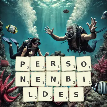 Kreative Illustration für ein Scrabble-Spiel, bei dem das Wort PERSONENBILDES mit Steinen auf dem Brett gelegt wurde.