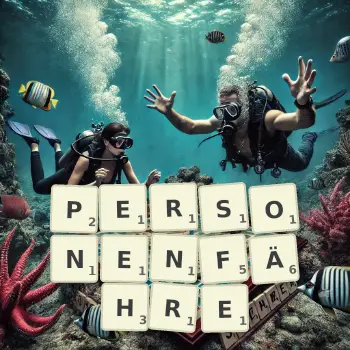 Kreative Illustration für ein Scrabble-Spiel, bei dem das Wort PERSONENFÄHRE mit Steinen auf dem Brett gelegt wurde.