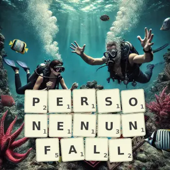 Kreative Illustration für ein Scrabble-Spiel, bei dem das Wort PERSONENUNFALL mit Steinen auf dem Brett gelegt wurde.