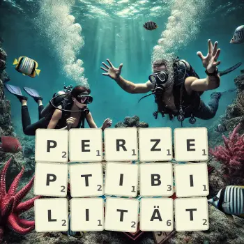 Kreative Illustration für ein Scrabble-Spiel, bei dem das Wort PERZEPTIBILITÄT mit Steinen auf dem Brett gelegt wurde.