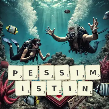 Kreative Illustration für ein Scrabble-Spiel, bei dem das Wort PESSIMISTIN mit Steinen auf dem Brett gelegt wurde.