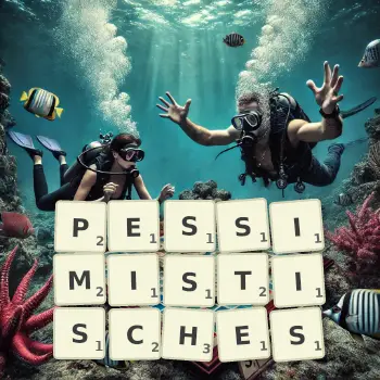 Kreative Illustration für ein Scrabble-Spiel, bei dem das Wort PESSIMISTISCHES mit Steinen auf dem Brett gelegt wurde.