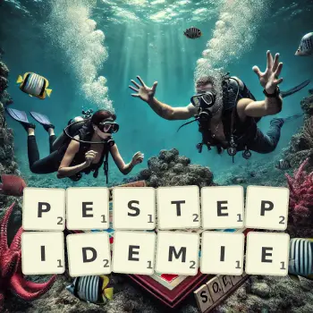 Kreative Illustration für ein Scrabble-Spiel, bei dem das Wort PESTEPIDEMIE mit Steinen auf dem Brett gelegt wurde.