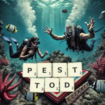 Kreative Illustration für ein Scrabble-Spiel, bei dem das Wort PESTTOD mit Steinen auf dem Brett gelegt wurde.