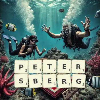 Kreative Illustration für ein Scrabble-Spiel, bei dem das Wort PETERSBERG mit Steinen auf dem Brett gelegt wurde.