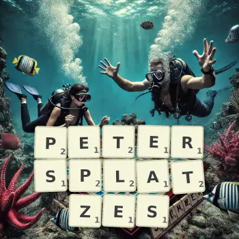Kreative Illustration für ein Scrabble-Spiel, bei dem das Wort PETERSPLATZES mit Steinen auf dem Brett gelegt wurde.