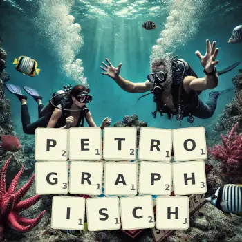 Kreative Illustration für ein Scrabble-Spiel, bei dem das Wort PETROGRAPHISCH mit Steinen auf dem Brett gelegt wurde.