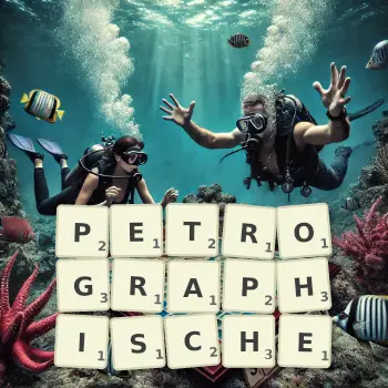 Kreative Illustration für ein Scrabble-Spiel, bei dem das Wort PETROGRAPHISCHE mit Steinen auf dem Brett gelegt wurde.