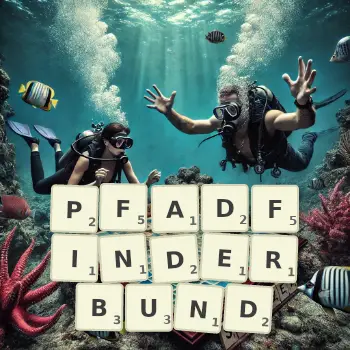 Kreative Illustration für ein Scrabble-Spiel, bei dem das Wort PFADFINDERBUND mit Steinen auf dem Brett gelegt wurde.